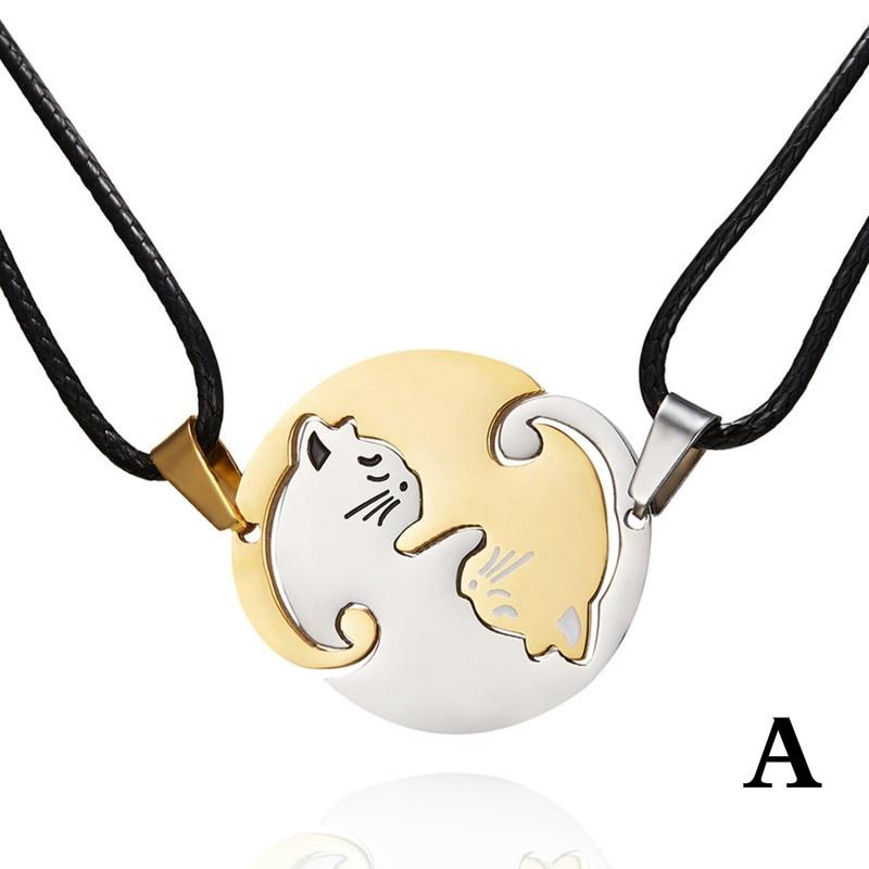 1 Pair Splice Cat Couple Necklace Stainless Steel Love Heart Round Pendant Necklace Valentine's Day