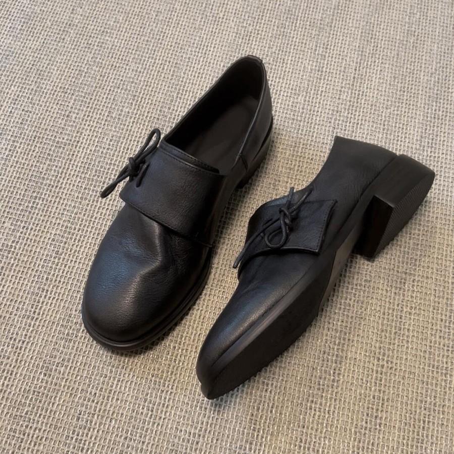 Cowhide Version~ Retro Minimalist Thick Heel Small Leather Shoes Round Head British Style Loafers Versatile One-pedal Black Single Shoes