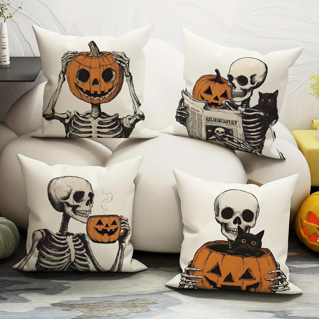 Skull Pumpkin Printed Pillowcase, Gothic Style Sofa Cushion Cover, Horror Themed Living Room Decoration, Halloween Home Goods