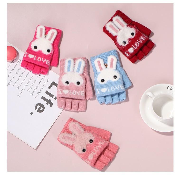 Autumn and winter new velvet thickened cute rabbit cold-proof warm gloves elastic half-finger flip-top knitted gloves