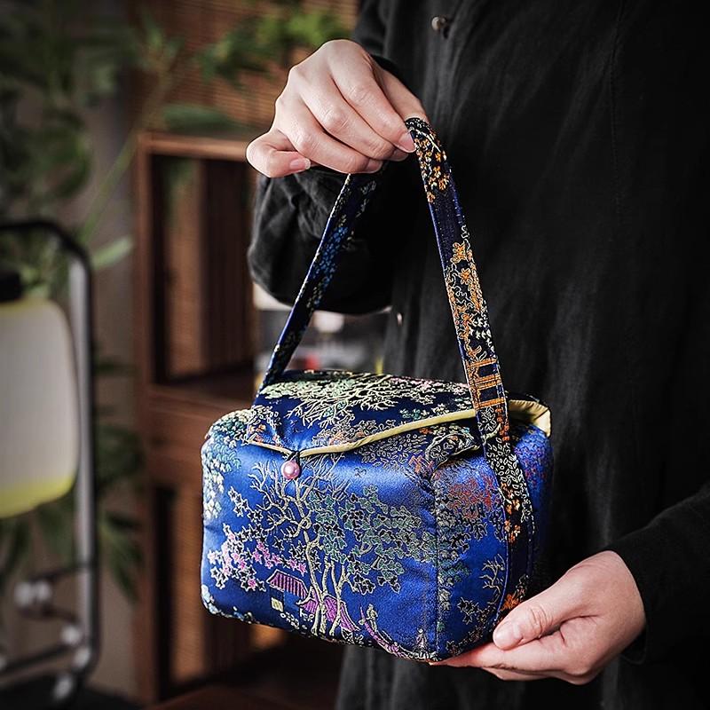 Printed Storage Bag with Cotton Lining, Small Travel Handbag Simple One-pot Two-Cup Set Teacup Bags