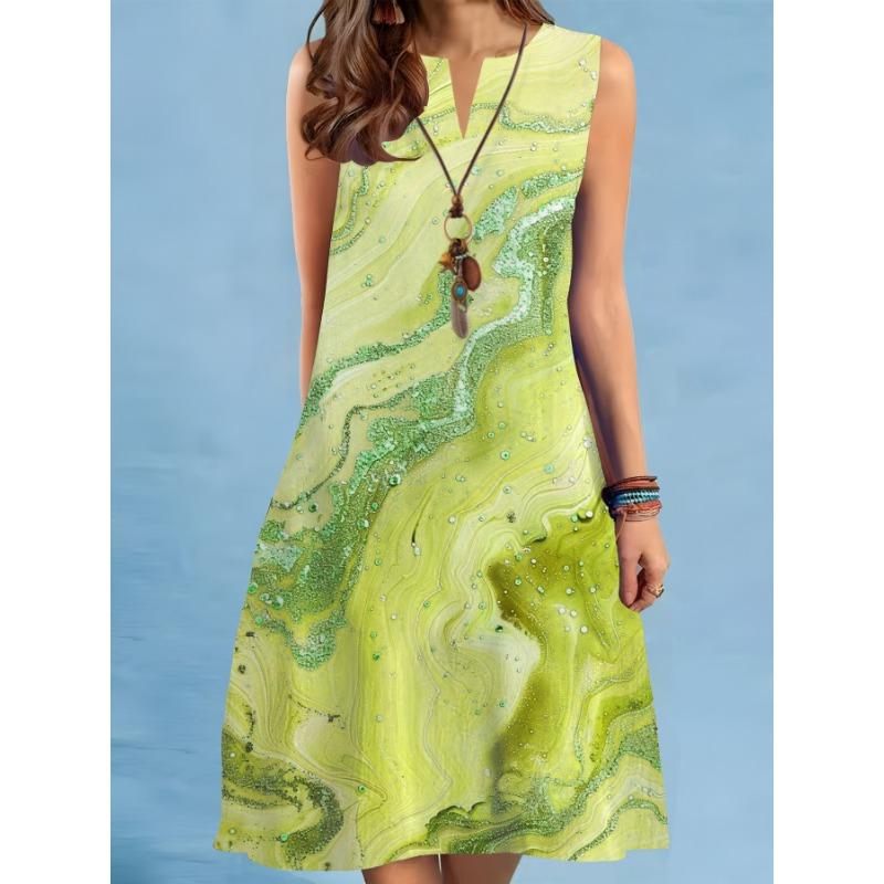 Summer Print A-Line Dress Women Casual Sexy Sleeveless V-neck Loose Mini Dress Elegant Landscape Oil Painting Dress Vestidos
