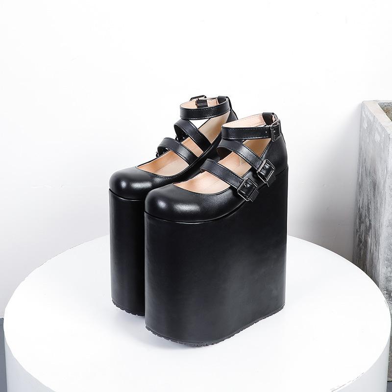 Fashion 2025 Too High Platform Shoes Harajuku Lolita Height 23cm Model Women Pumps Shoes Mary Jane Wedge Shaped Heel Stylish Buckle