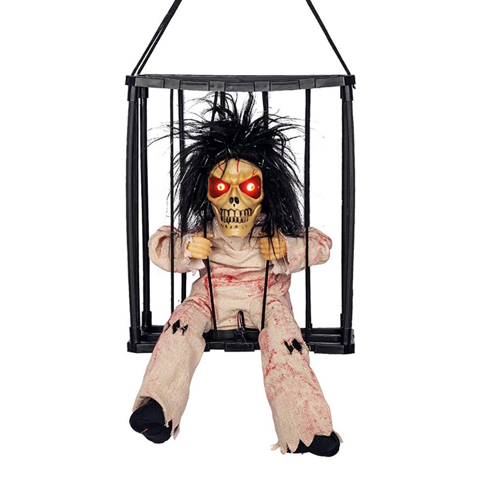 Halloween Hanging Ghost Toy with Motion Sensor & LED Eyes Scary Prisoner Cage Ghost Battery Voice Activated Eerie Screams Zombie Decoration
