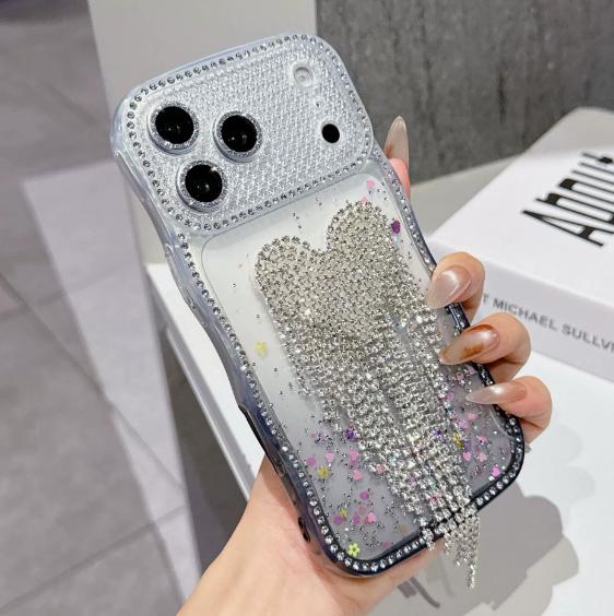New Fashion Dropped Diamond Shining Phone Case with Love Tassel for iPhone 17pro Max TPU Phone Case