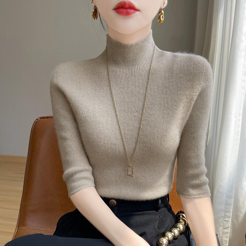 2025 Spring Women's Slim-Fit Mid-Neck Knitted Top with Five-Point Sleeves