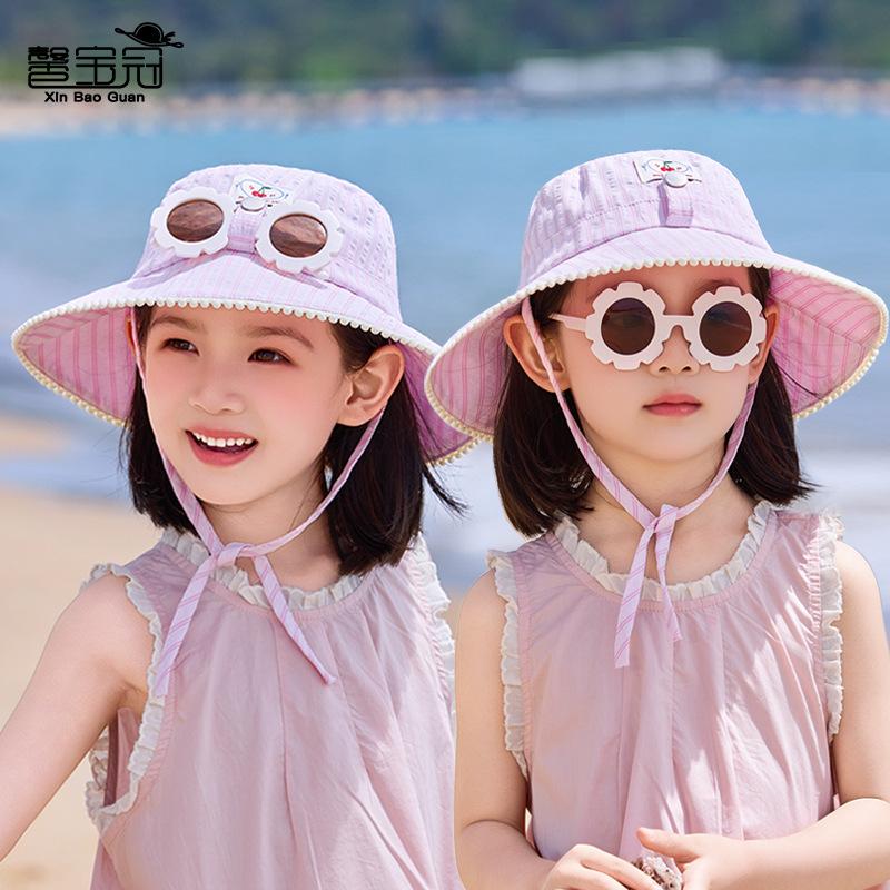 Children's hat Fresh striped sunscreen hat Girls outdoor outing visor hat with sunglasses strapped big eaves bucket hat