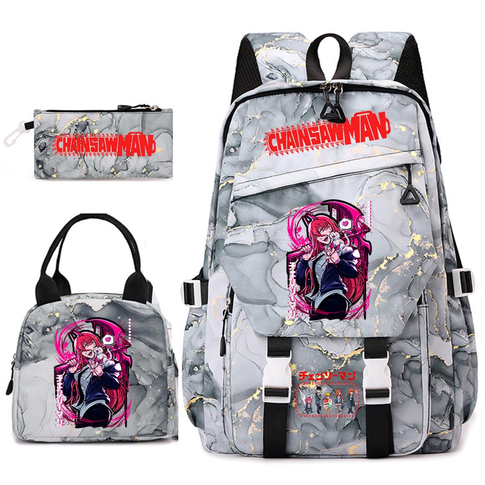 Chainsaw Man Anime Print Student Backpack Set for Girls with Lunch Bag Pencil Case School Daily Use