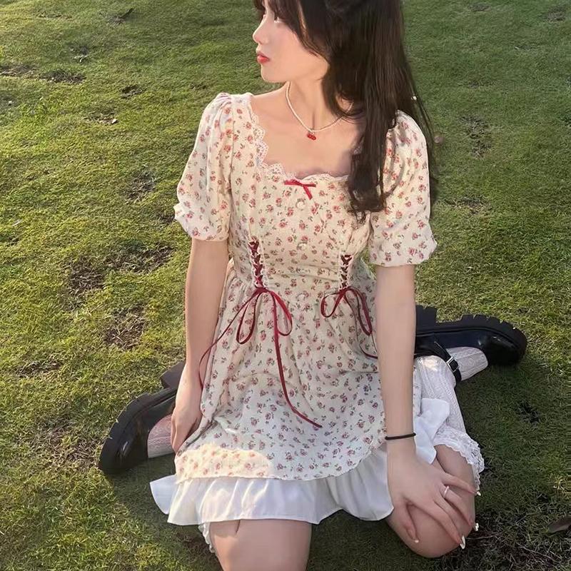 Floral Mini Dress Women Puff Sleeve Flare Shirring Design French Style Elegant Birthday Dresses