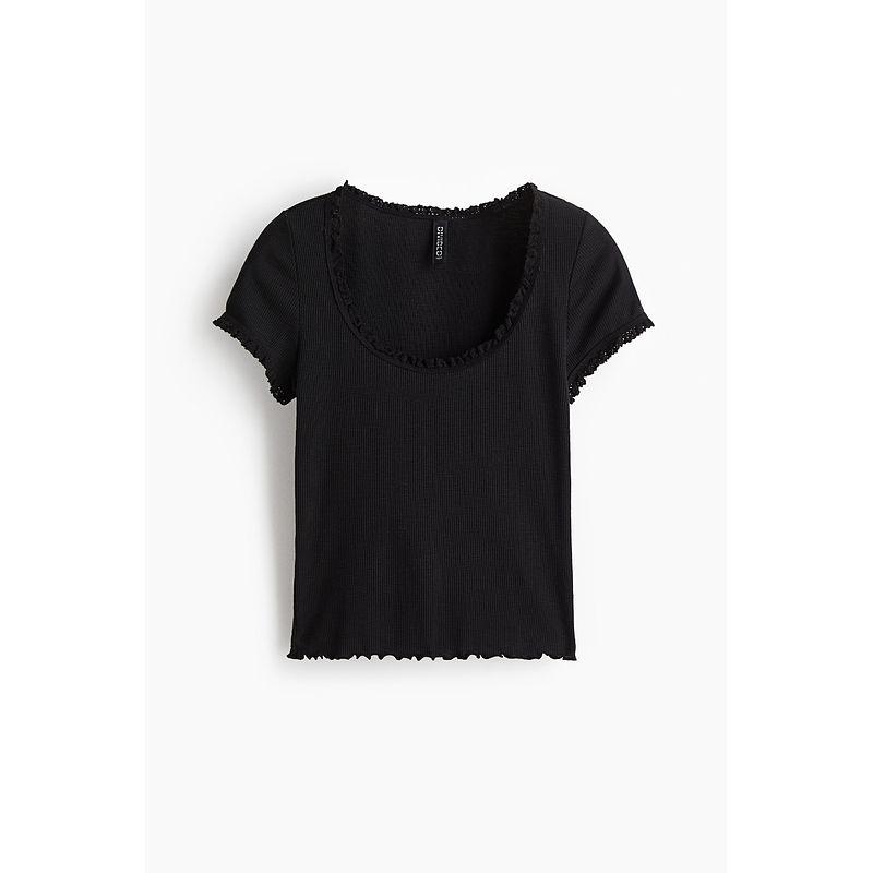 

HM Women s T-shirt 2025 Summer New Arrival Soft Short Sleeve Elegant Graceful Lace Trim Tops 1296486 Black 155/80(XS)