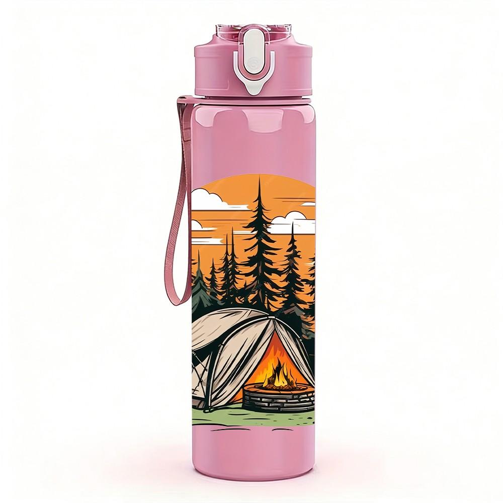 1PC Camping Tent Mountain Sunset Print 750ml Color Plastic Sports Water Bottle Leakproof Flip Straw Lid Suitable for Sports Office Home Use
