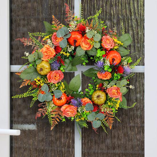 Fall Wreath for Front Door 16 Inch Autumn Artificial Wreath with Pumpkin Peony Flower for Harvest Thanksgiving Farmhouse Decor