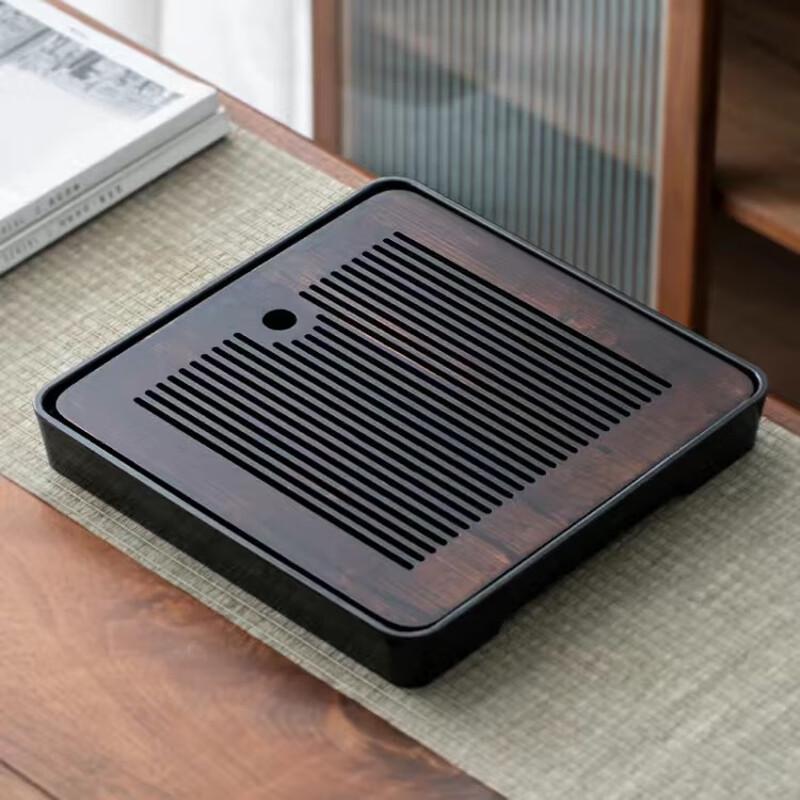 Portable Bamboo Draining Tea Tray with Water Storage 28x28cm