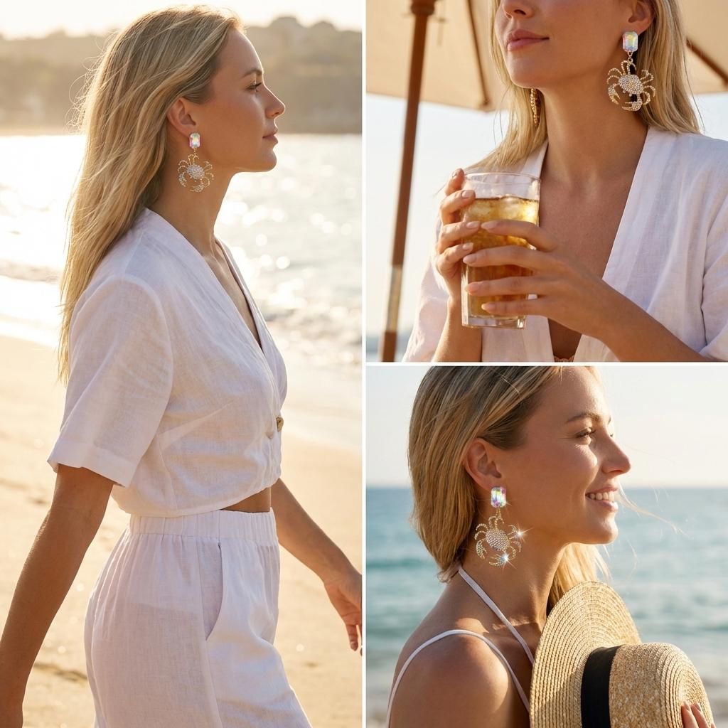 Light Luxury Full Rhinestone Crab Pendant Earrings for Women Exaggerated Sea Animal Earrings Summer Vacation Beach Jewelry