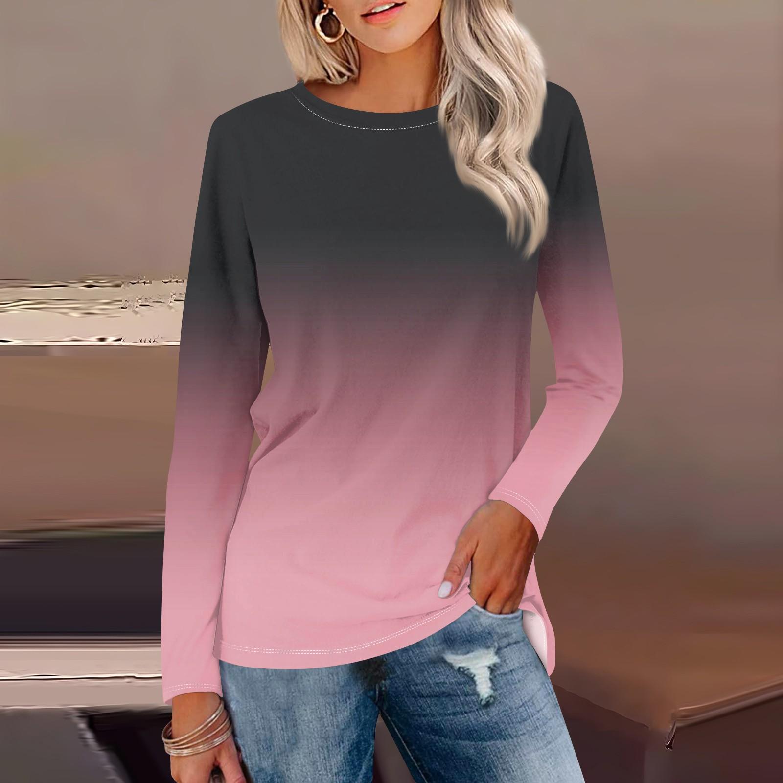 Женская рубашка с длинным рукавом и круглым вырезом с градиентным принтом — фото 14