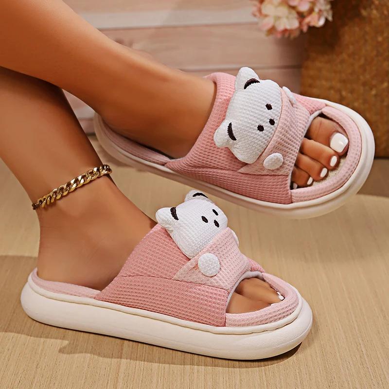 Fashion Open Toe Home Cotton Slippers Women Cute Cartoon Bear Hemp Slippers Woman Winter Spring Indoor Non-Slip Keep Warm House Slides