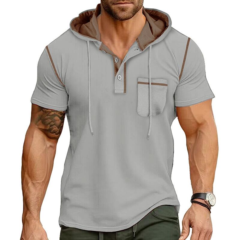 Men's Color Block Trim Hooded Henley Short Sleeve T-Shirt