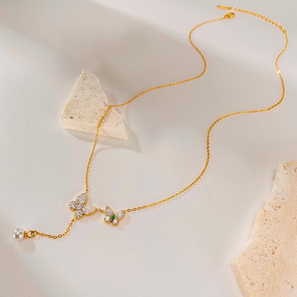 Exquisite butterfly Necklace Fashion Stainless Steel Luxury Zircon Jewelry Commute Pearl Tassel Chokers Necklaces ALN2601000252