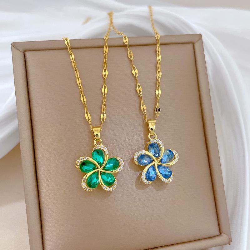 Rotating Flower Full Diamond Fashion Light Luxury Temperament Gorgeous Full Diamond Necklace Female Versatile Collarbone Chain Titanium Steel