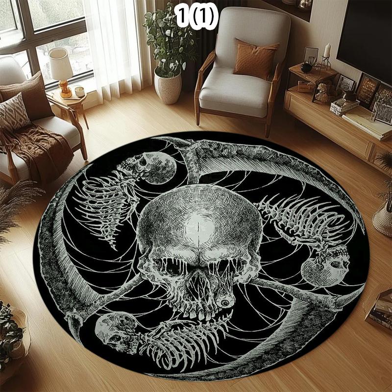 Gothic Skull Rose Round Rug Modern Home Decor Skeleton Roses Pattern Carpet Soft Non-Slip Floor Mat for Living Room Bedroom
