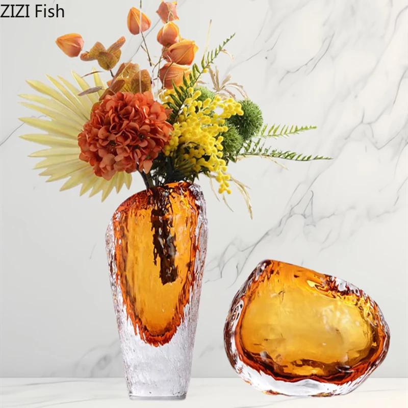 Amber Color Wrinkled Glass Vase Hydroponics Plant Pots Table Decoration Flower Arrangement Floral Vases Room Aesthetic Decor
