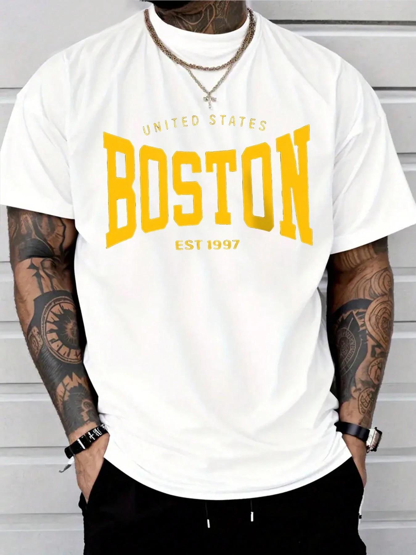 

2025 Designer Letterprinted Boston Mens Tshirt Loose Roundneck Shortsleeved 100 Heavy Cotton Streetwear 4XL