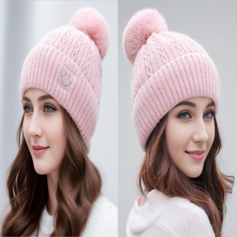 Women's Fleece-Lined Pom Pom Knit Hat - Warm, Versatile, with Ear Protection for Autumn & Winter.