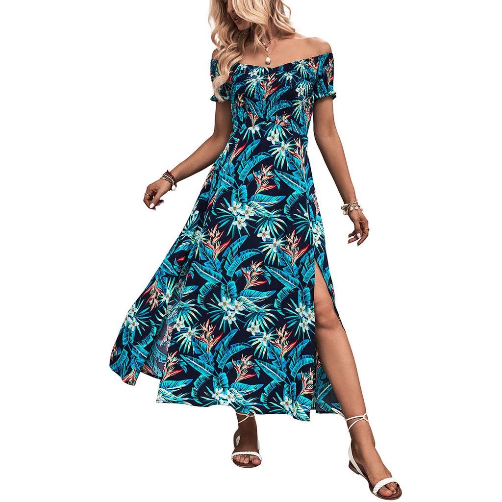 Summer hot seaside vacation tropical floral print dress