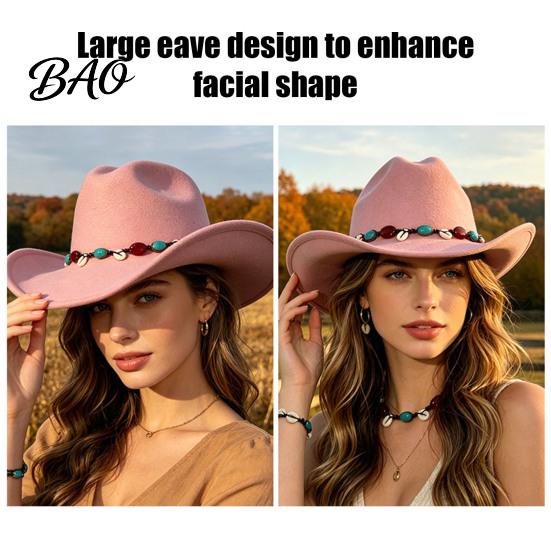 Fashionable Outdoor Felt Hat Wool Fedora, Unisex Western Cowboy Hat, Retro Wide Brim Large Face Slimming Cowgirl Jazz for Women Men Autumn Winter