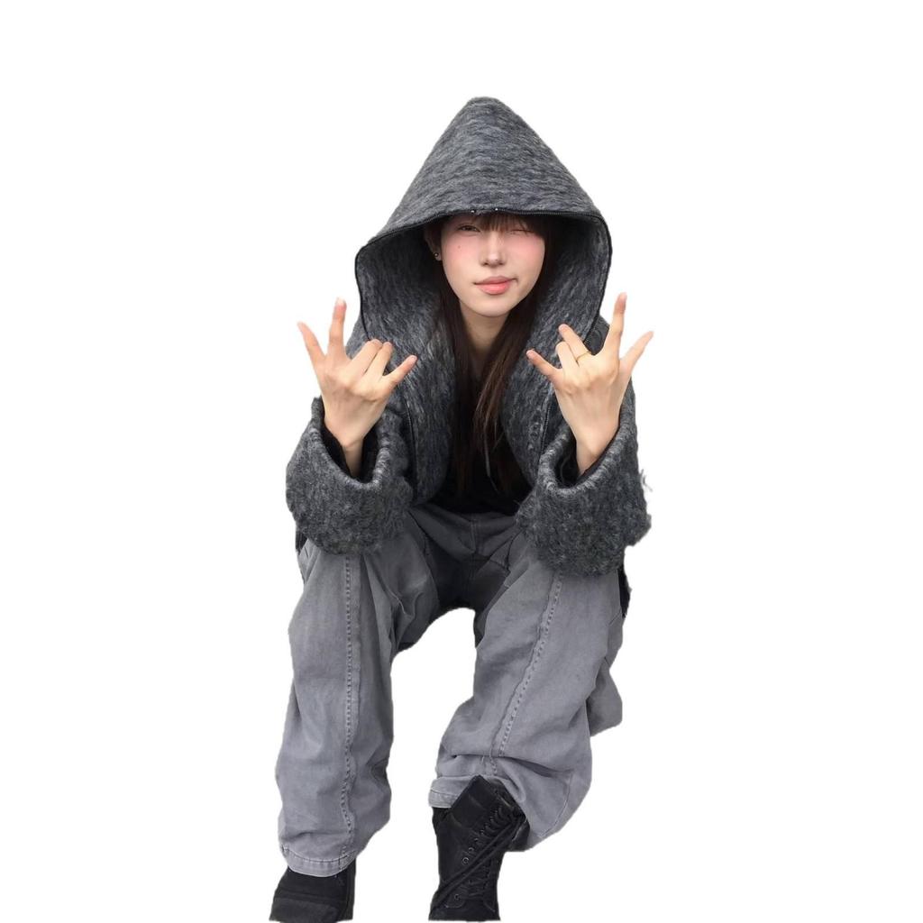 70% Wool Full-Zip Mohair Hooded Sweater Jacket for Autumn/Winter