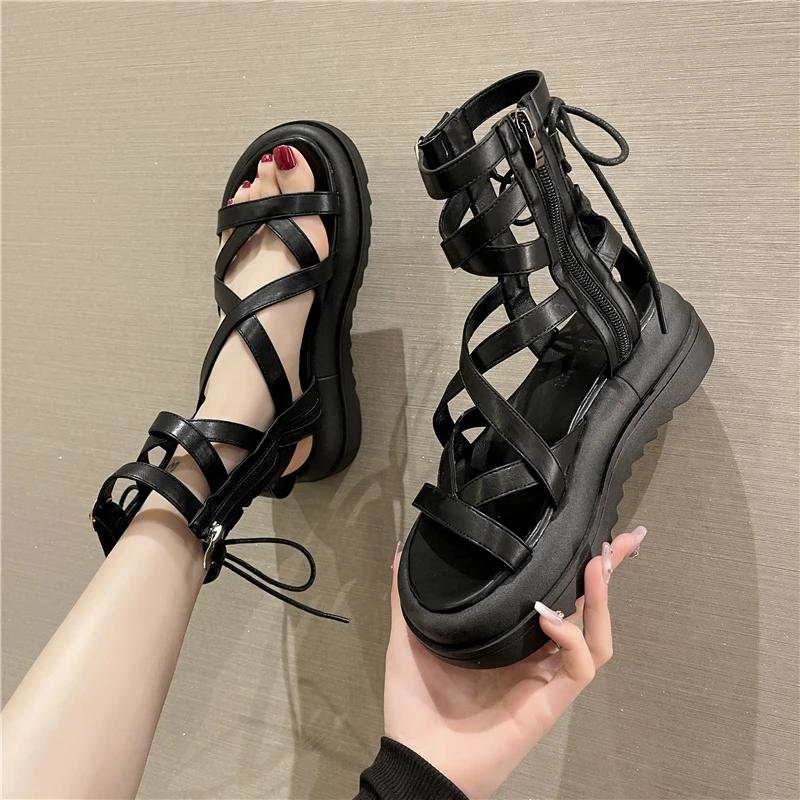 2025 Sexy High Top  Strap Sandals Women Summer Open Toe Fashion Hollow Zip Design Roman Gladiator Thick-soled Platform Sandals