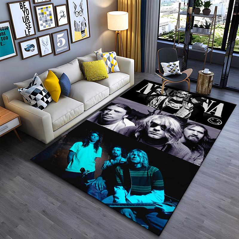 Rock Music Area Rug, Nirvana Band Photo Collage Kurt Cobain Krist Novoselic Dave Grohl Print, Man Cave Decor, Non-Slip Mat