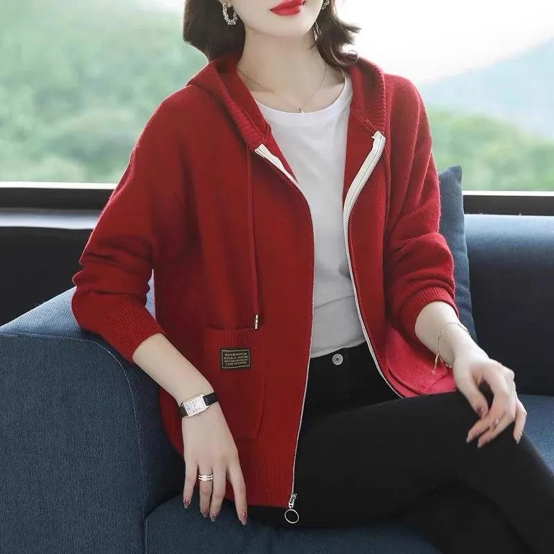 Women's Spring/Fall Hooded Sweater Jacket Flattering Loose-Fit Knit Cardigan