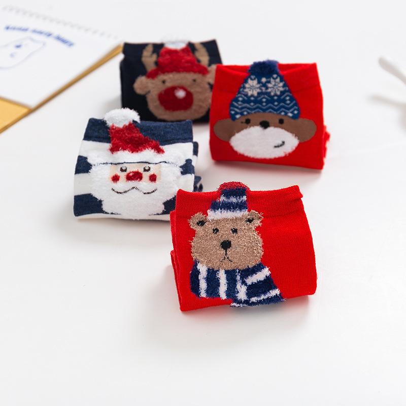 Three-dimensional Women Lot Pack Socks Scarlet Cartoon Christmas Cute Japanese Style Elk Happy Funny Cotton Socks 4 Pairs