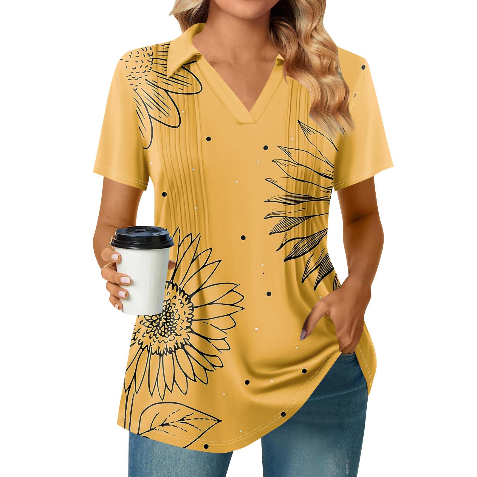 

Женские футболки с коротким рукавом, плиссированные, с V-образным вырезом, с принтом, с воротником, летние топы, модные, деловые, повседневные, рабочие S жёлтый