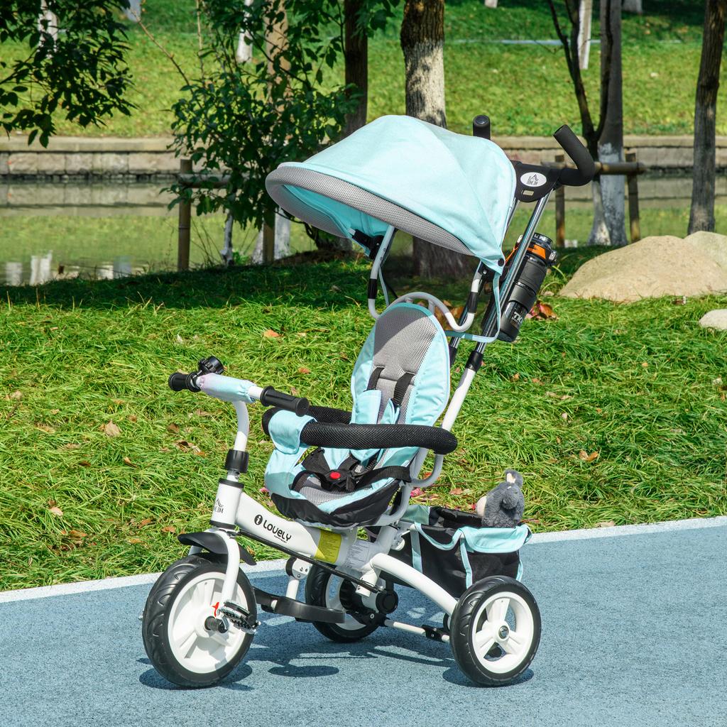 6-in-1 Children's Tricycle, Push Bar, Canopy, Harness, Storage Basket, 1-5 Years, Green
