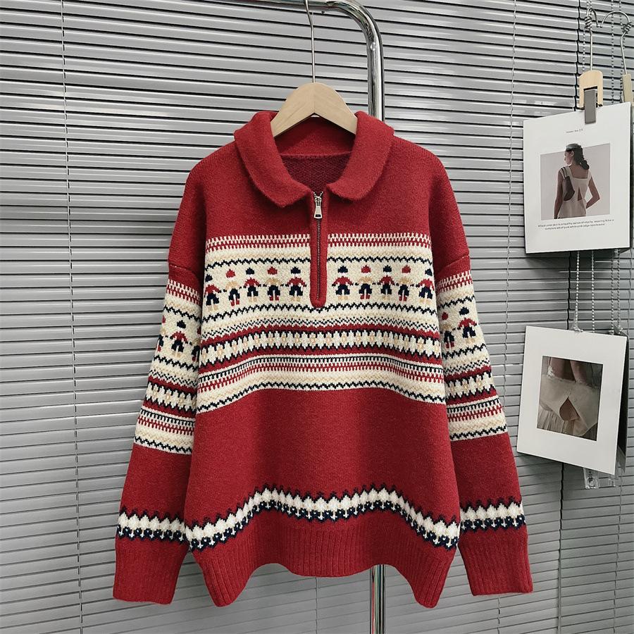 

Рождественский свитер женский осенне-зимний с длинным рукавом и полумолнией, воротник поло, винтажный свободный пуловер, вязаный свитер One Size красный