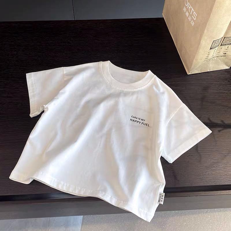 Summer Pure Cotton Kids Round Neck Short Sleeve T Shirt Boys Girls Versatile Solid Print Base Layer Top