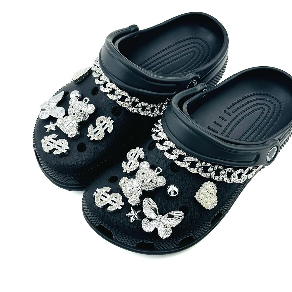 16PCS Fashion Shoe Charms Set Silver Diamond Bear Butterfly Chain Shoe Decorations Buckle for Sandals Clogs DIY Accessories Gift