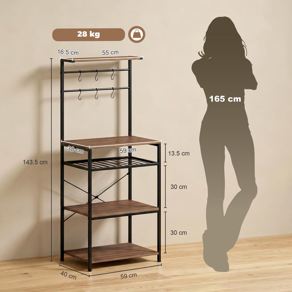 5 Tier Industrial Style Kitchen Shelf With 6 Hooks And Bottle Rack Walnut