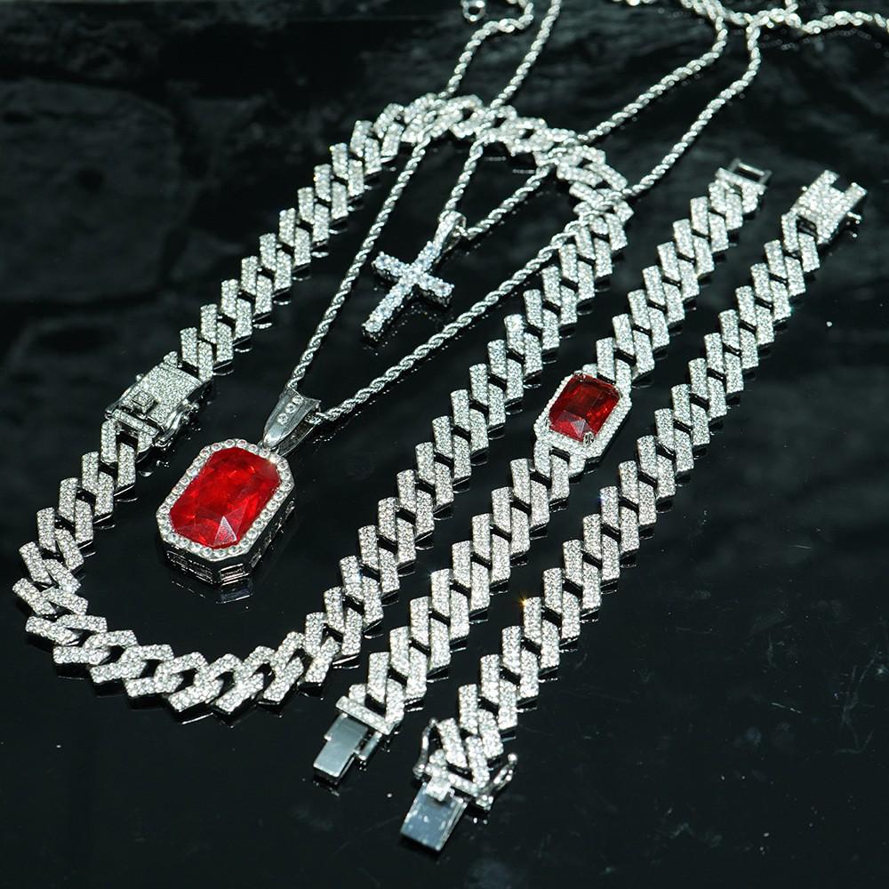 

Европейский и Американский Хип-Хоп Драгоценный Камень Крест Подвеска Кубинская Цепь Ожерелье и Набор Браслетов