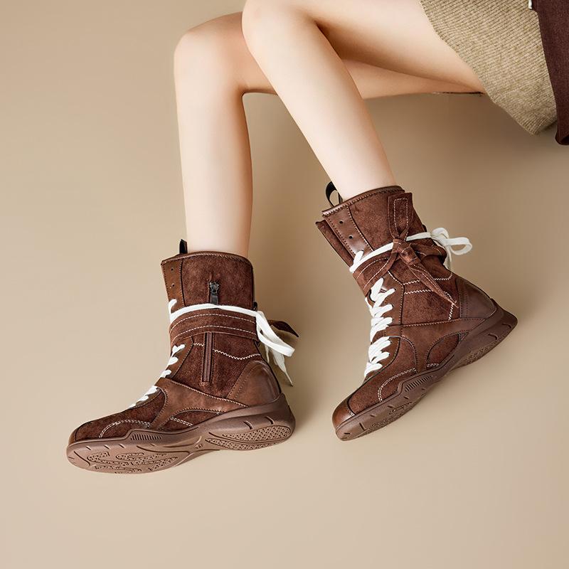 Inner Heightening Martin Boots Women's New Maillard Boxing Boots Frosted Leather Lace-up Short Boots