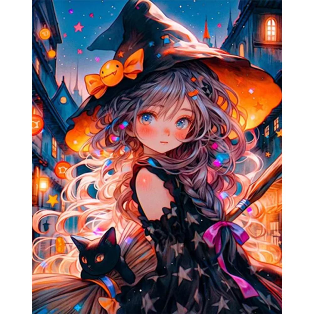 

5D DIY Full Round Drill Partial AB Diamond Painting Witch Cat Decor 45x55cm #