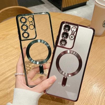 Luxury Plating For Magsafe Lens Protector Case For Samsung Galaxy S25 S24 S23 S21 S22 Ultra Plus Wireless Charge TPU Clear Cover