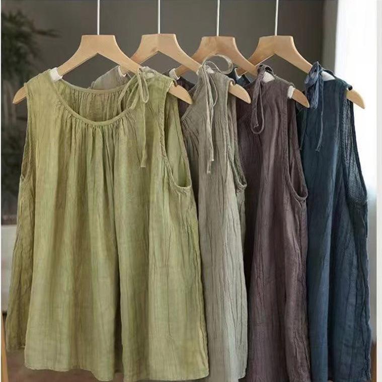 Cotton Linen Vest Women Summer Vintage Loose Casual Sleeveless Tops