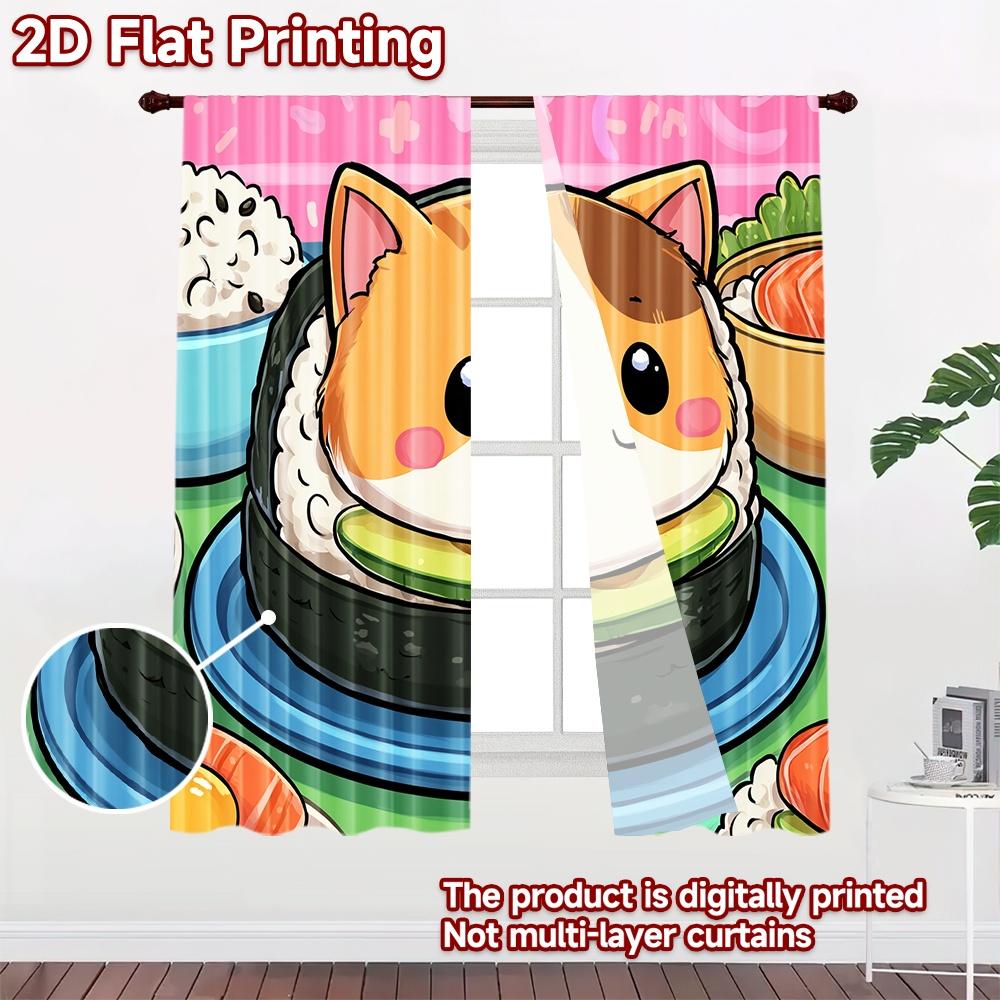 2D flat printing 2pcs Drapes Cute Cat Sushi Digital Printed Polyester Drapes Festive Curtains Use for Indoor Celebrations for