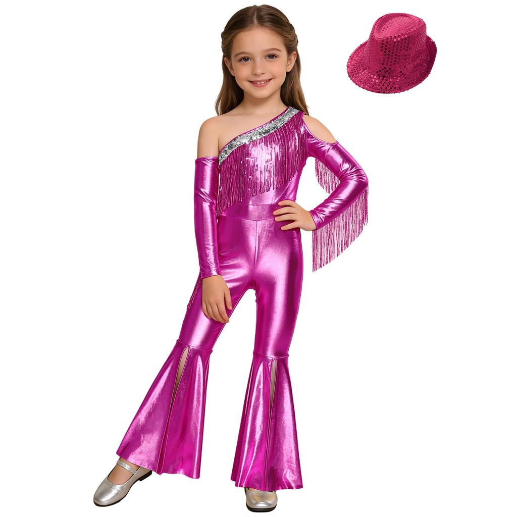 Girls Off Shoulder Jumpsuit Long Sleeve Sequin Tassel Detail Slit Bell Bottom Metallic Romper Hat Included