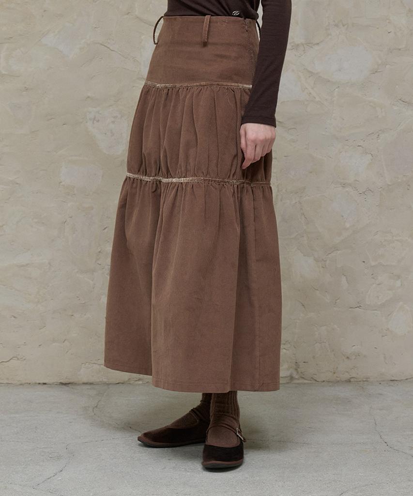 Itove Seoul Corduroy Shirred Long Skirt Brown