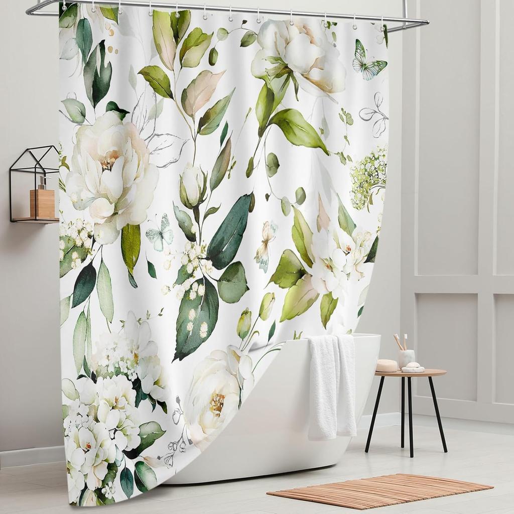 Shower curtain with blooming bright pink and white roses, watercolor leaves and floral bathroom decor with hooks