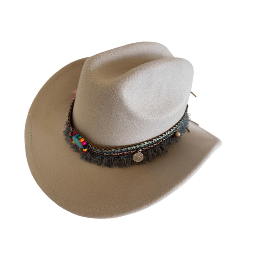 Ethnic style tassel one-word top western cowboy hat men's and women's woolen big-brimmed top hat travel big sun hat